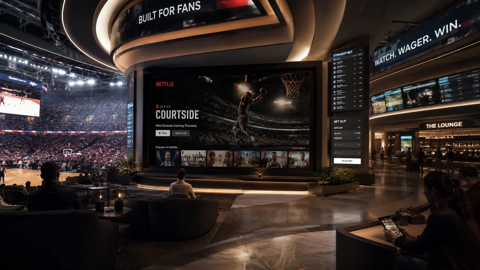 Integrated environment among sports arena, streaming platform and digital betting interfaces, with a large central screen displaying a basketball game and a discreet reference to Netflix.
