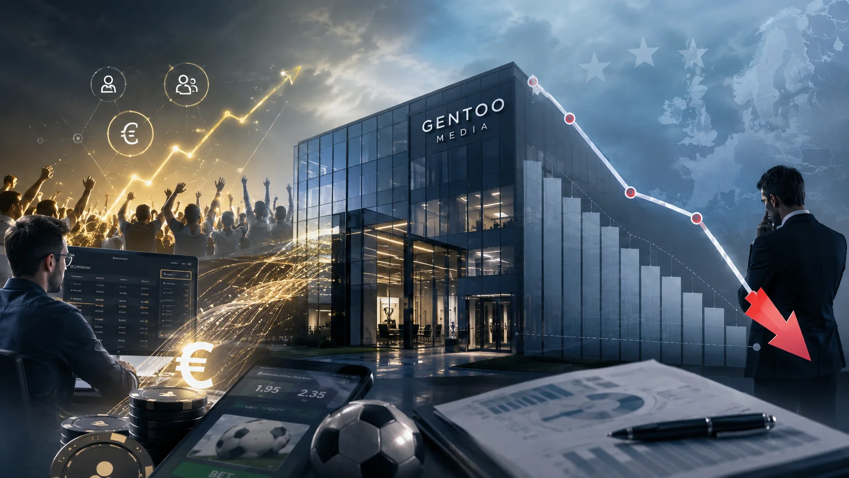 Conceptual composition about Gentoo Media, with iGaming elements, deposit growth and a downward chart representing the revision of 2026 projections.