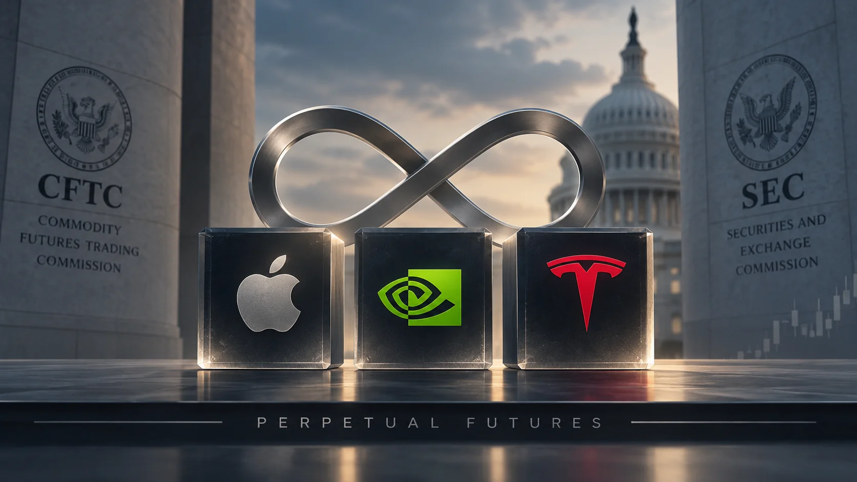 Logos of Apple, Nvidia and Tesla under an infinity symbol in reference to perpetual futures and regulatory oversight in the U.S.