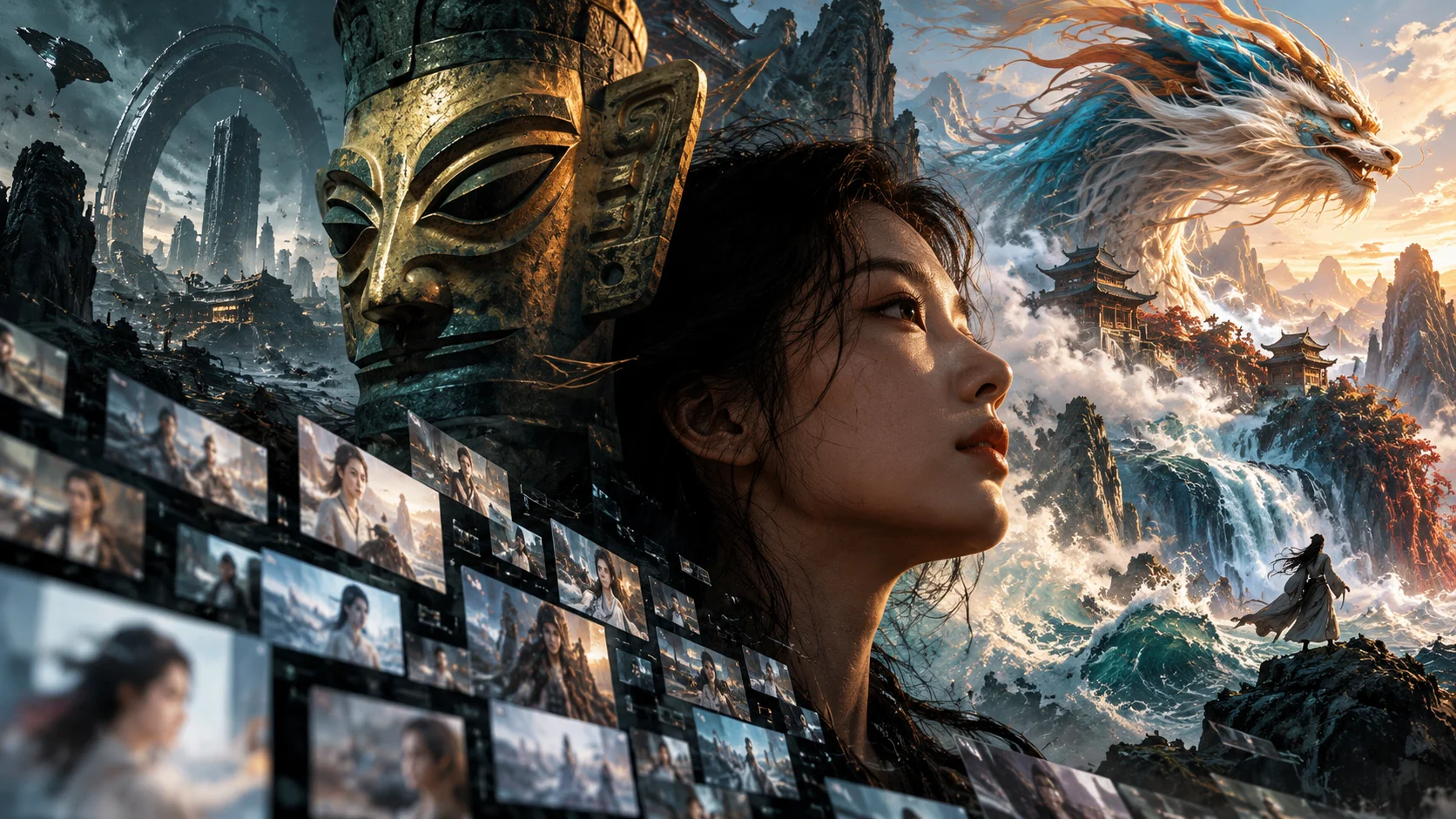Montagem com elementos de microdramas chineses em estilo fantástico e futurista, simbolizando o uso massivo de IA e a fadiga do setor.