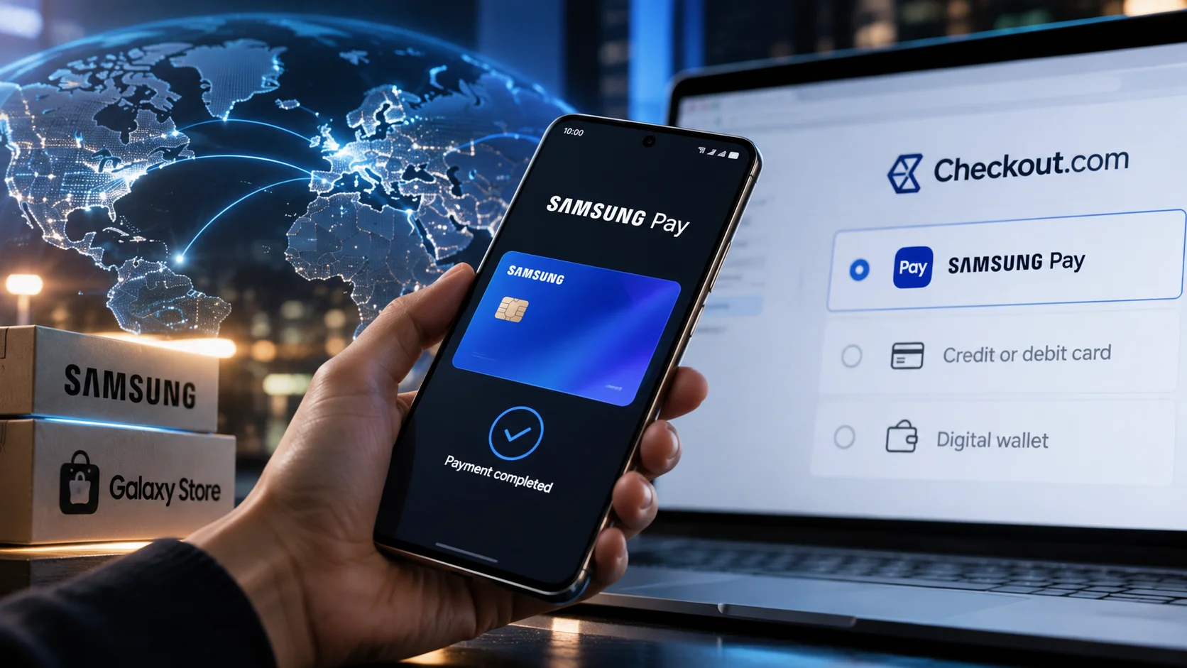 Smartphone with Samsung Pay featured in front of the Checkout.com payment platform.