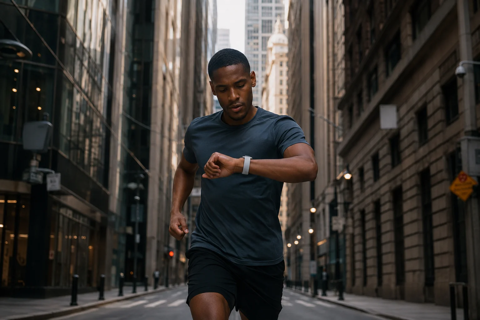 A runner looks at the Pixel Watch while running down a narrow street surrounded by tall buildings in a dense urban area.