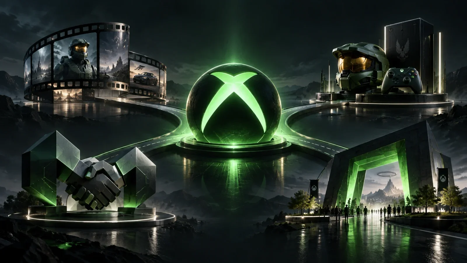 Logo do Xbox no centro de uma composição que representa cinema, produtos, parcerias e experiências presenciais.