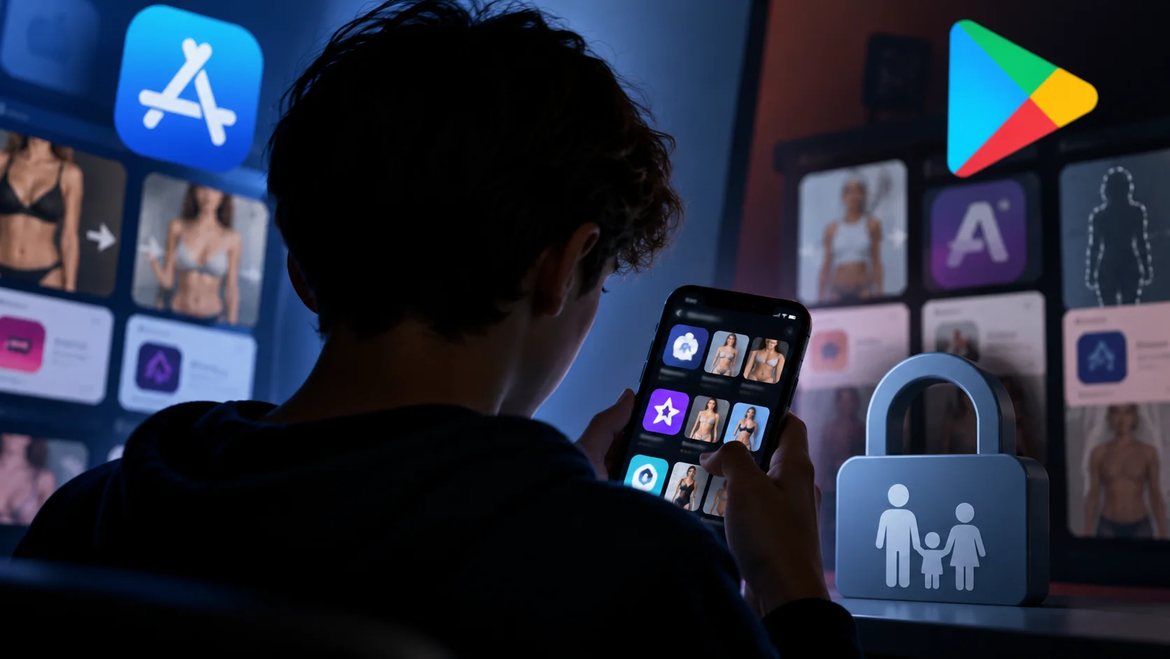 Teenager uses a smartphone in front of image-editing apps, with App Store, Google Play and parental control symbols.
