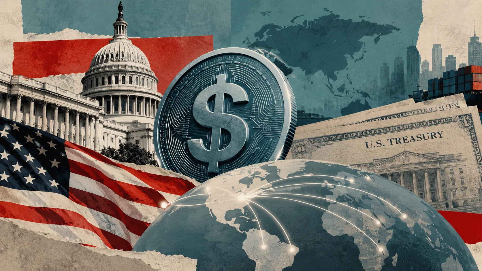 Colagem editorial com símbolo do dólar digital, Capitólio, títulos do Tesouro e mapa-múndi conectado por rotas financeiras.