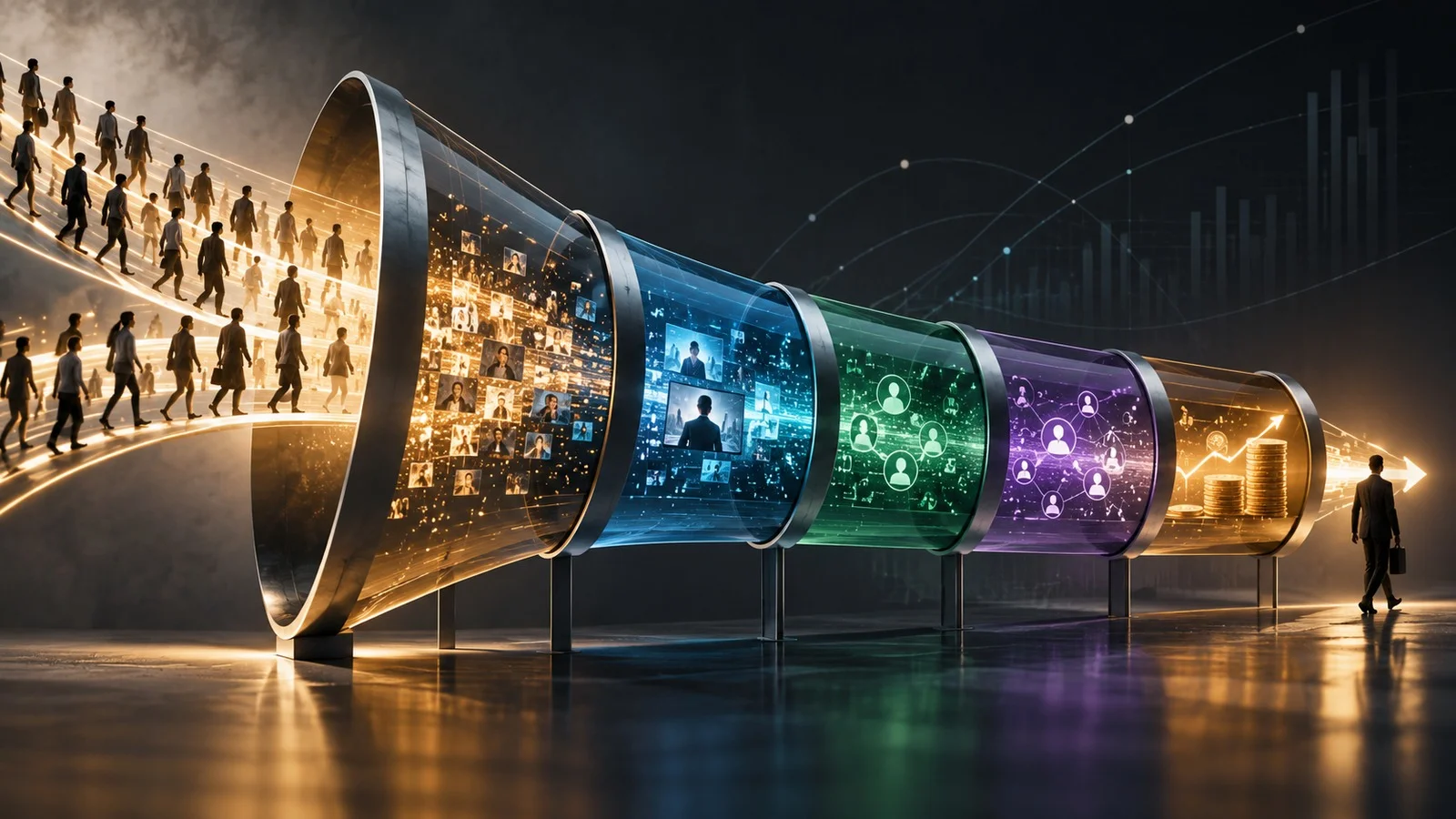 Five-stage customer growth funnel progressing from acquisition to revenue.