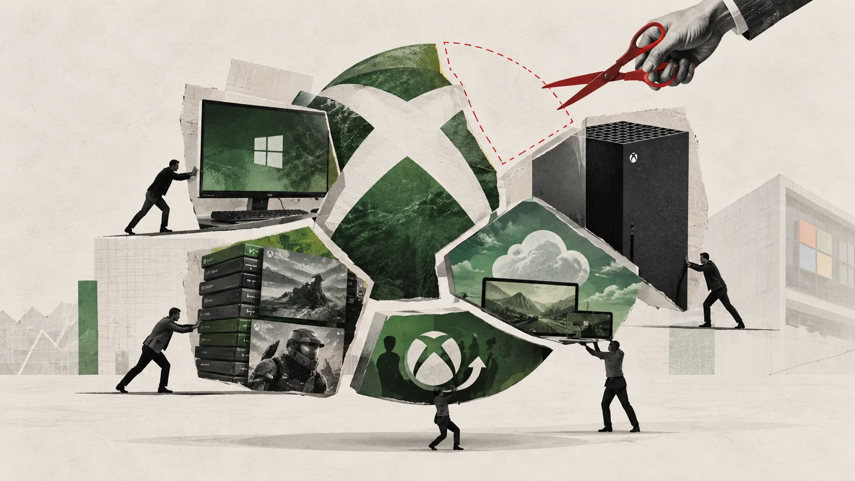 Un collage conceptual muestra el ecosistema Xbox fragmentado entre consola, PC, nube, suscripciones y estudios, con una pieza que se está cortando.