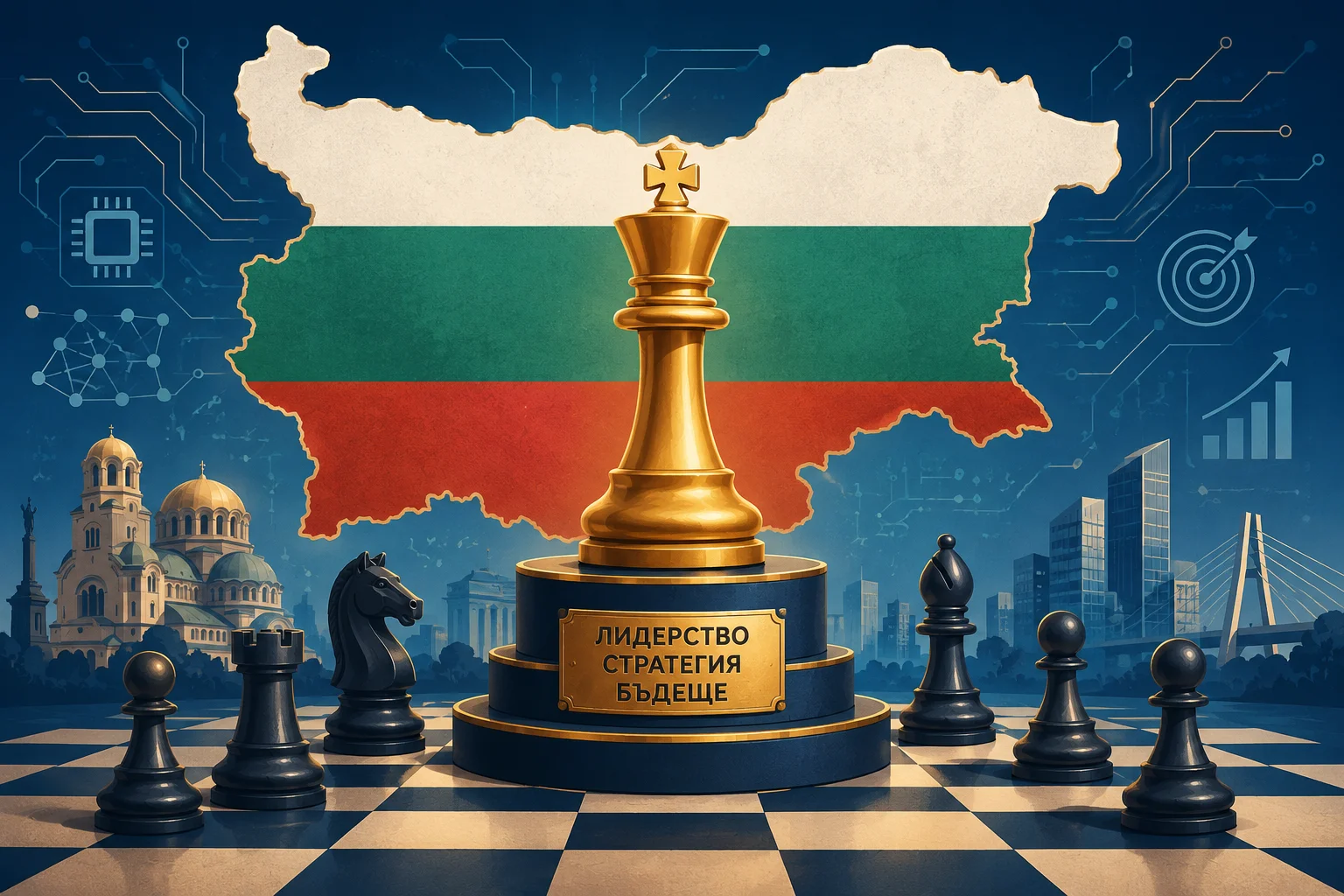 Illustration shows a golden king piece highlighted on a chessboard, surrounded by other pieces, in front of a stylized map of Bulgaria with technological elements.