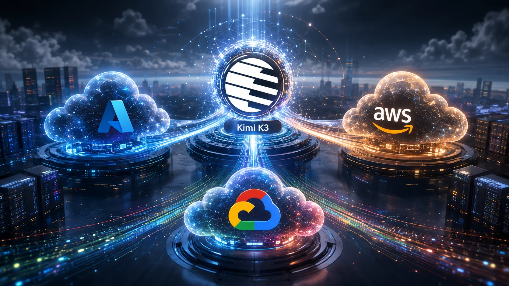 Conceptual illustration shows Moonshot AI's Kimi K3 connected to the Microsoft Azure, Amazon Web Services and Google Cloud clouds, representing the negotiations for the model's distribution on the three platforms.