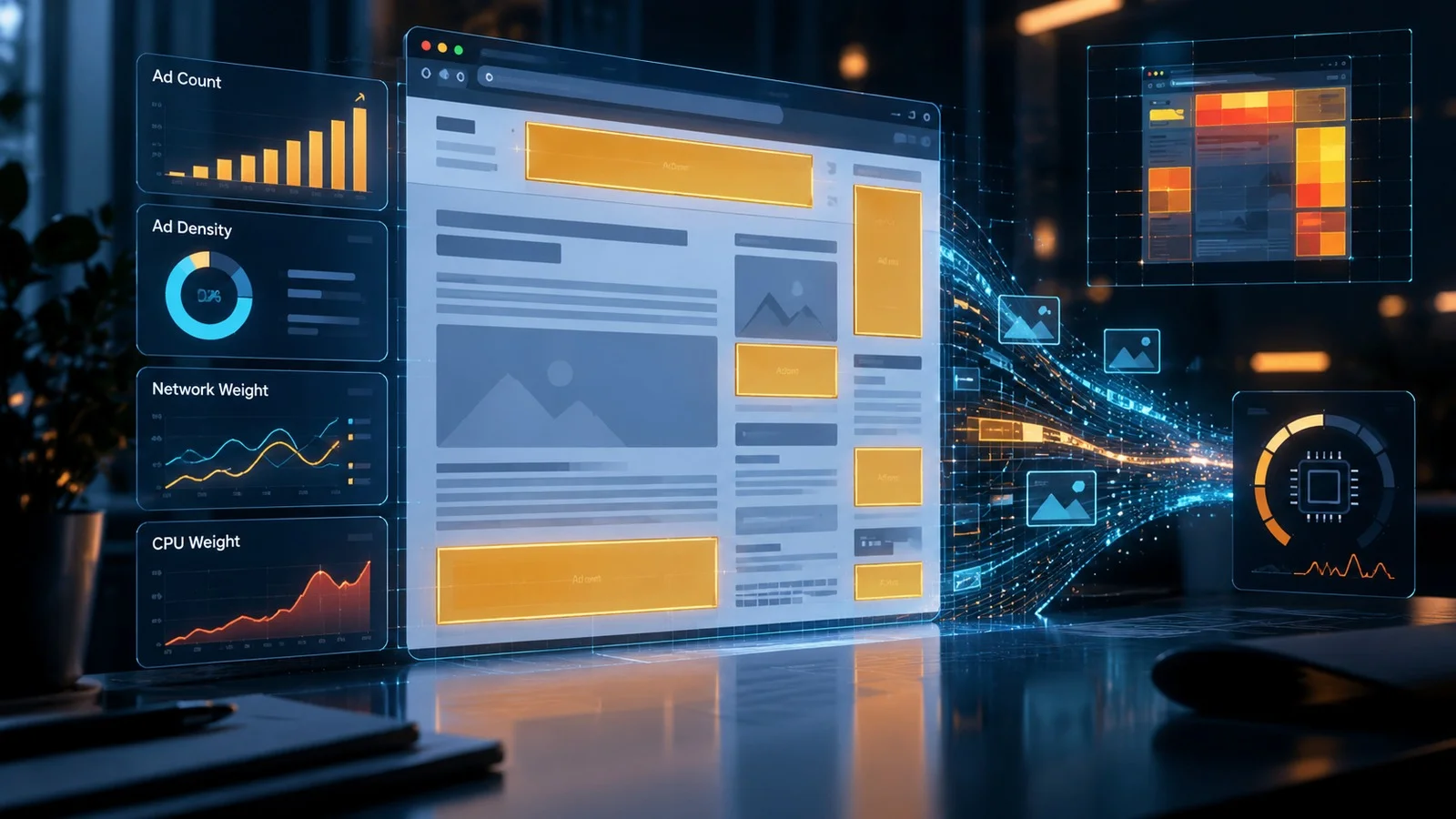 A web page surrounded by dashboards measuring ad count, ad density, network load and CPU usage.