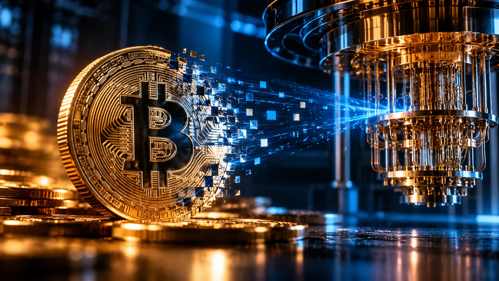 Illustration of a Bitcoin fragmenting in front of a quantum computer, symbolizing risks to cryptographic security.