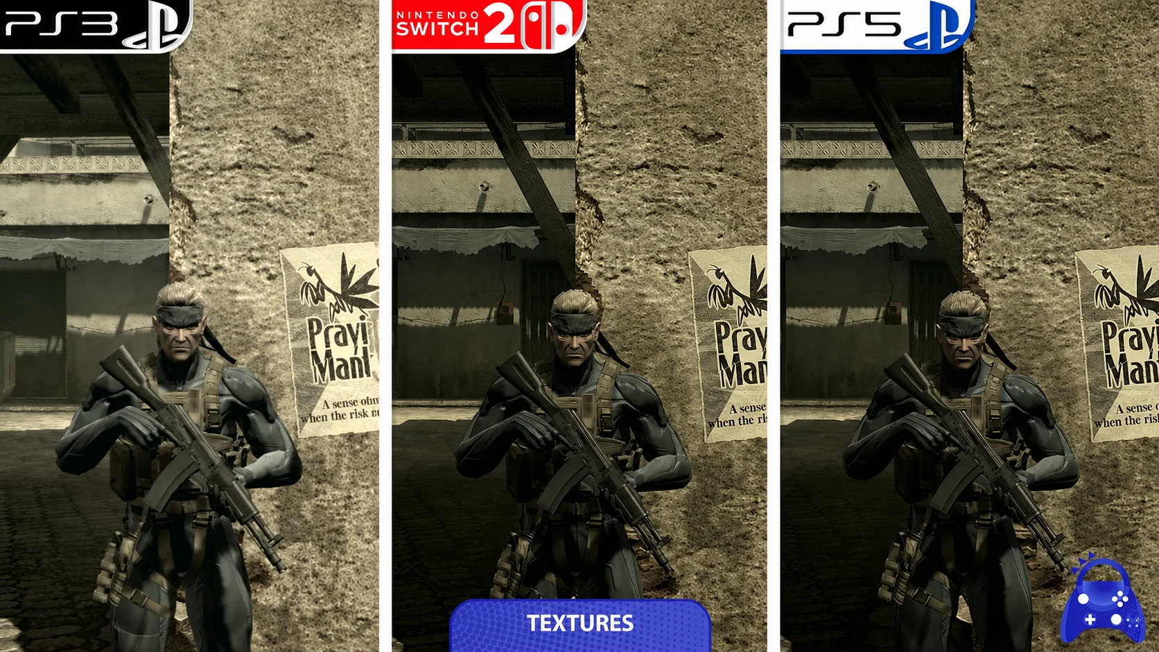 Side-by-side comparison of Metal Gear Solid 4 on PS3, Nintendo Switch 2, and PS5, showing Old Snake in the same scene and differences in the quality of textures and graphics.