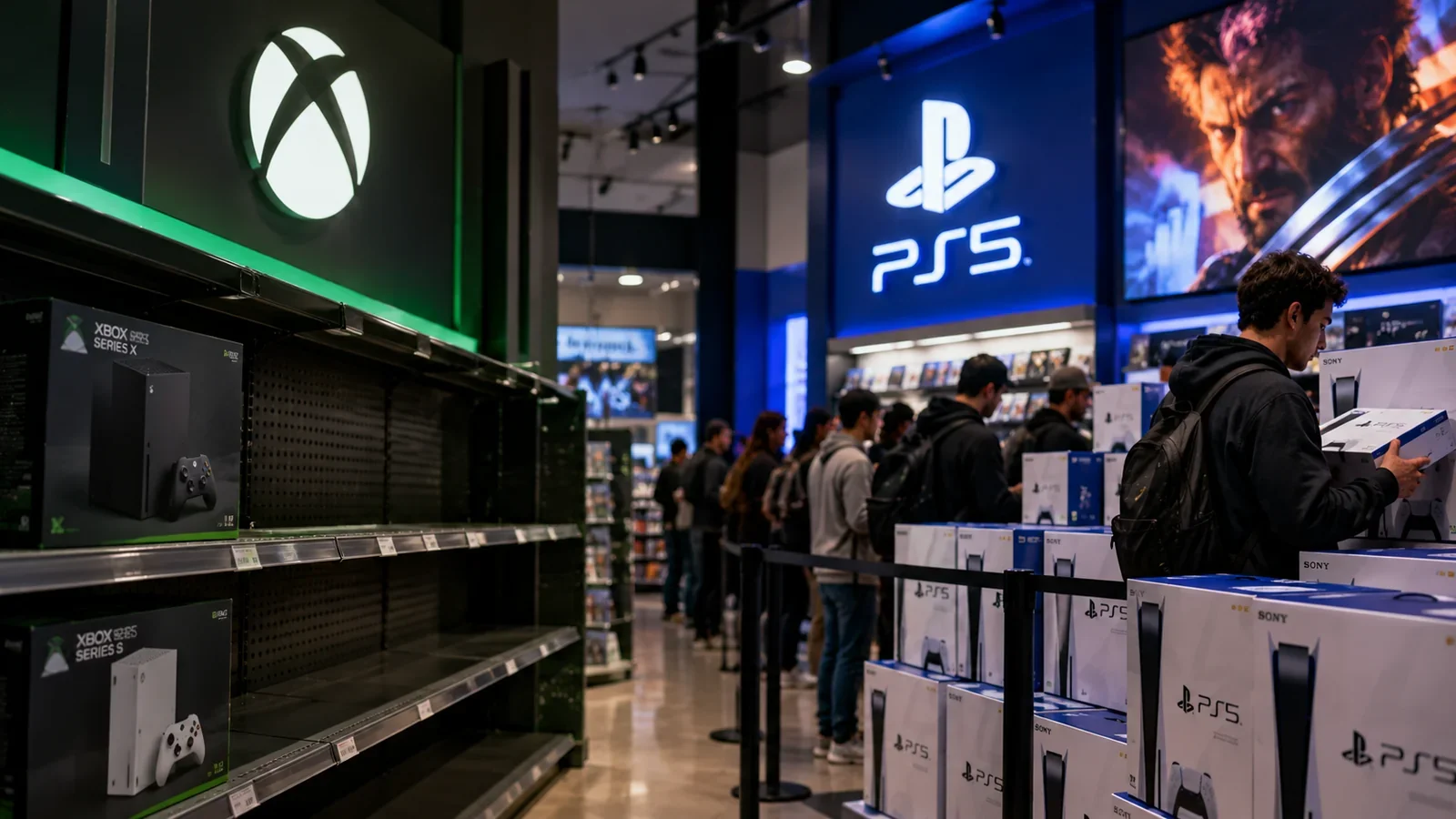 Seções de Xbox e PlayStation 5 em uma loja de videogames, com prateleiras vazias de um lado e clientes no outro.