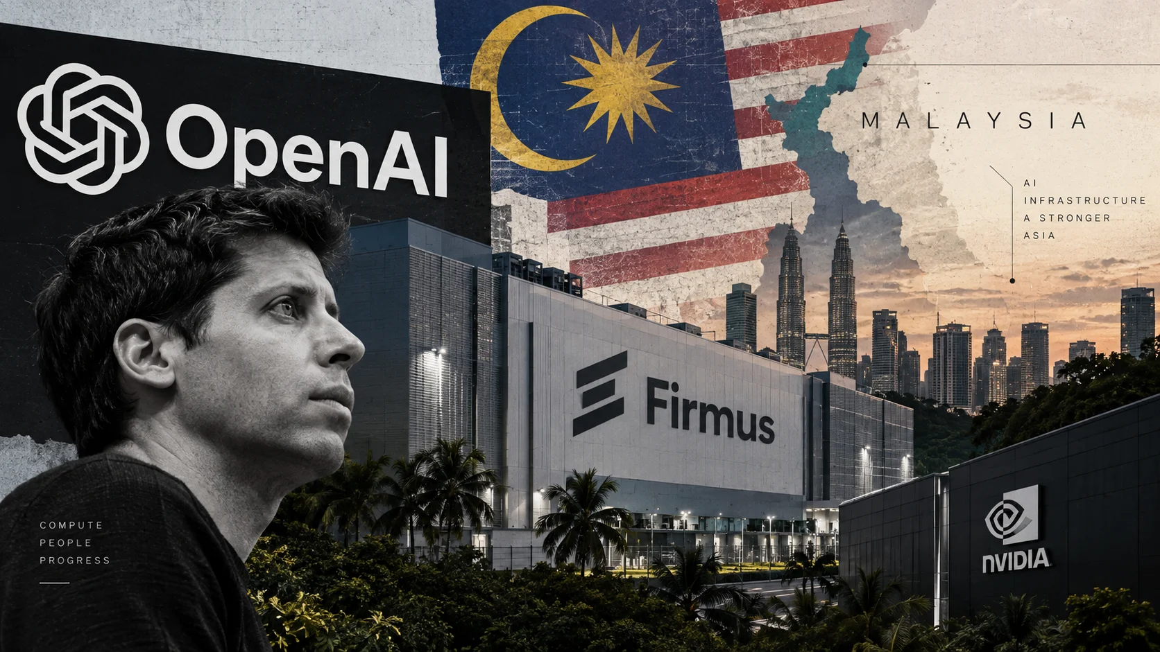 Collage shows OpenAI, a Firmus data center and Malaysia as a new AI infrastructure hub.