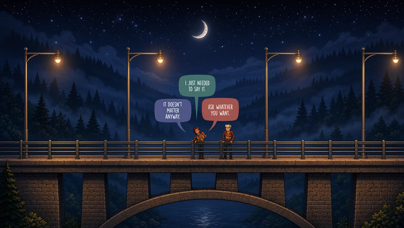 Two video game-style characters talk in the center of a bridge lit by lampposts, with dialogue bubbles, a forest in the background, starry sky and crescent moon.