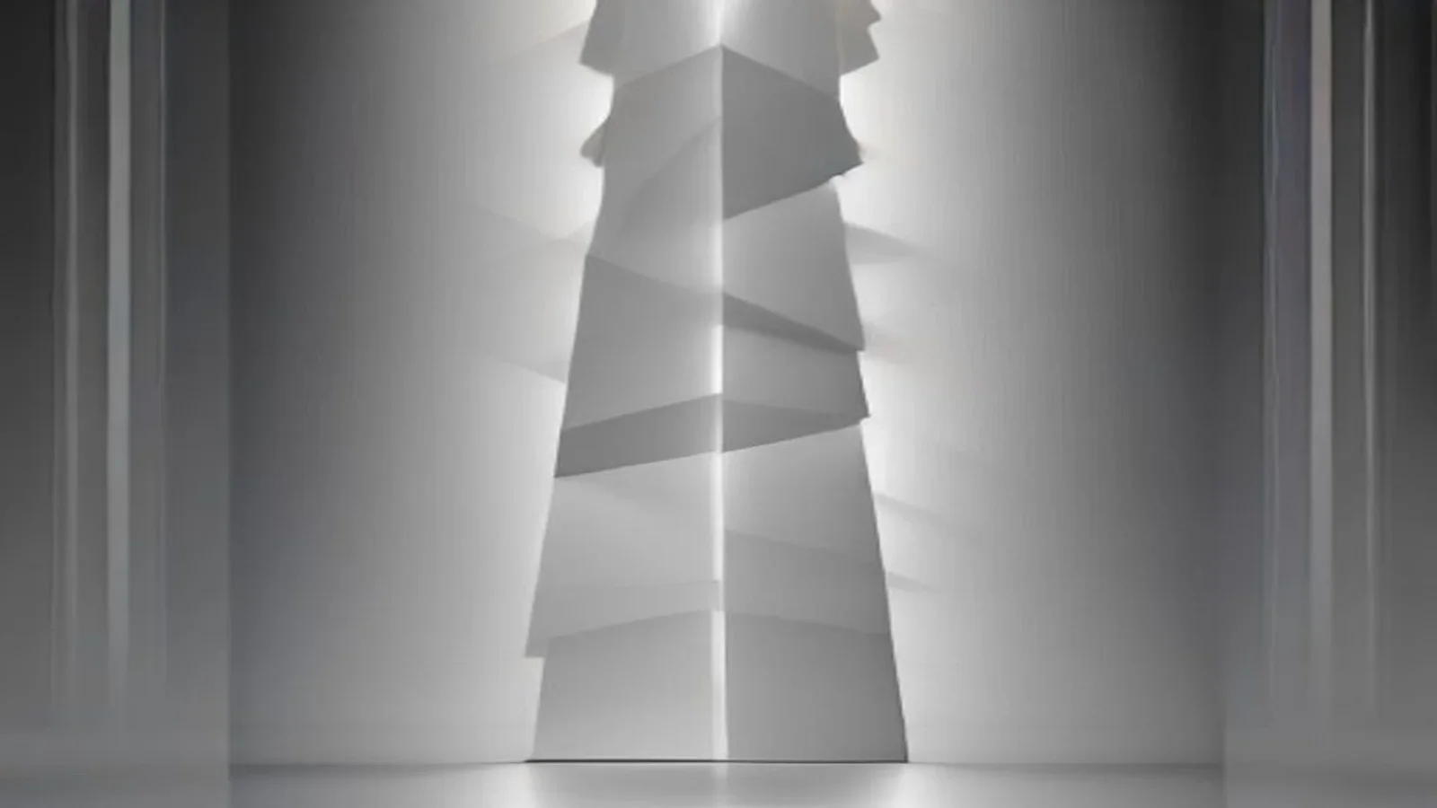 Coluna vertical de camadas geométricas sobrepostas em tons de branco e cinza, como uma pilha de documentos iluminada