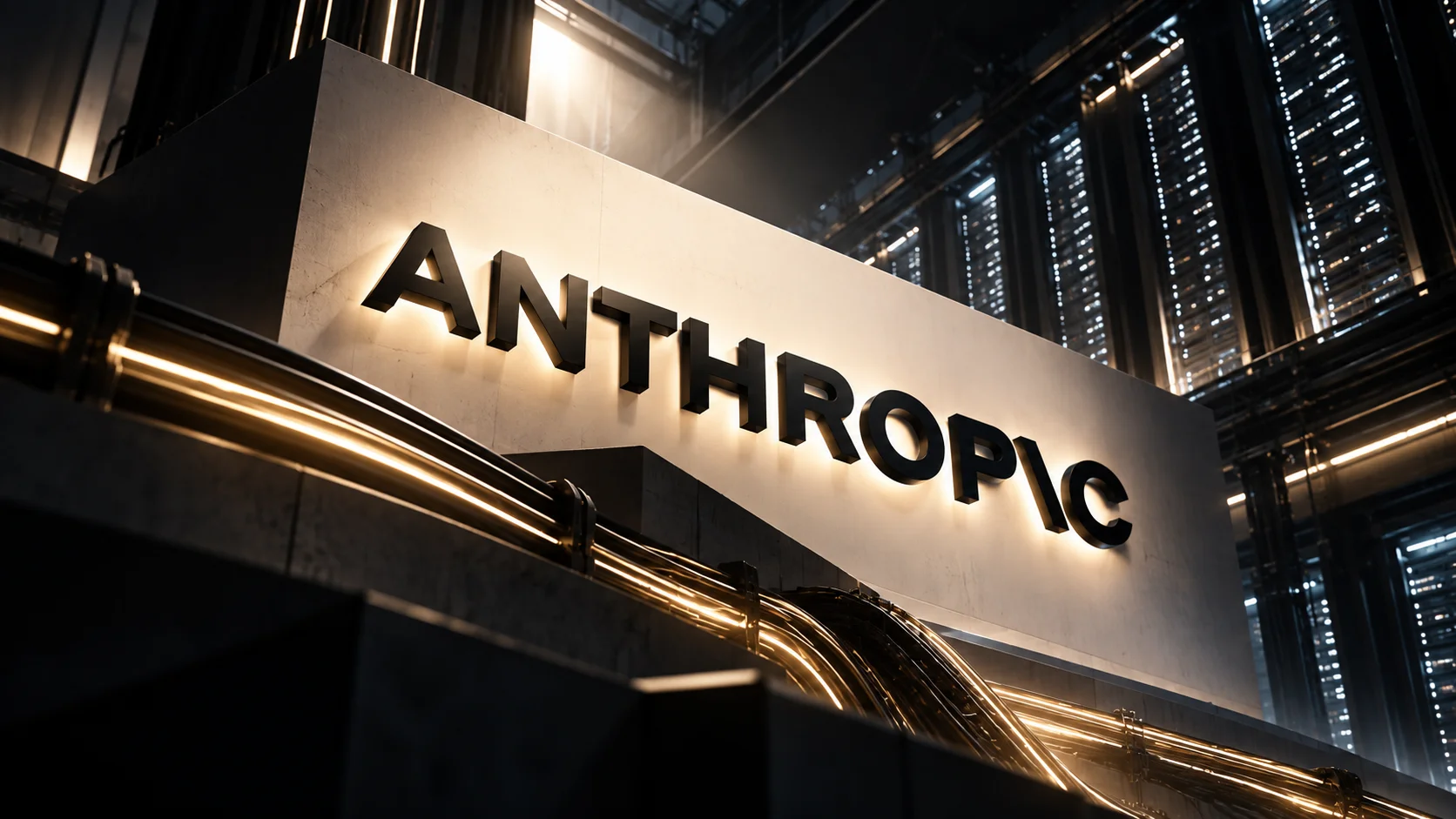 Panel con el nombre Anthropic en un entorno que evoca un centro de datos, con cables iluminados y racks de servidores al fondo.