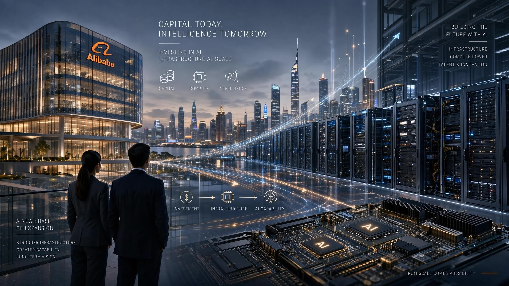 Conceptual representation of Alibaba connected to data centers, servers, and artificial intelligence chips to illustrate new investments in AI.