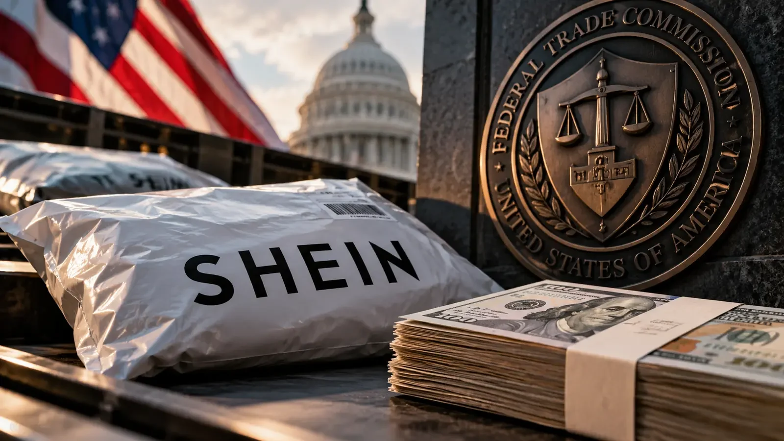 Embalagem da Shein ao lado de dólares e do emblema da FTC dos Estados Unidos.
