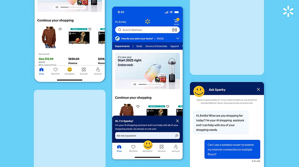 Sparky, assistente de compras com IA do Walmart, ajuda usuários a encontrar, comparar e selecionar produtos. Crédito: Walmart