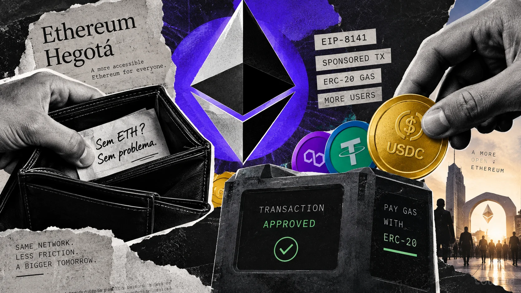 Conceptual collage shows Ethereum, stablecoins and an approved transaction without the need for ETH in the wallet.