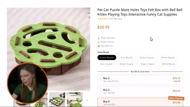 Cat toy product page ($22.95) with bundle & save