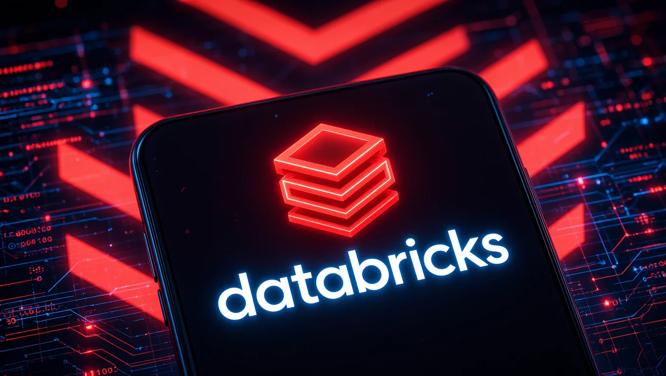 Databricks logo displayed on a smartphone screen over a digital background in red and blue tones.