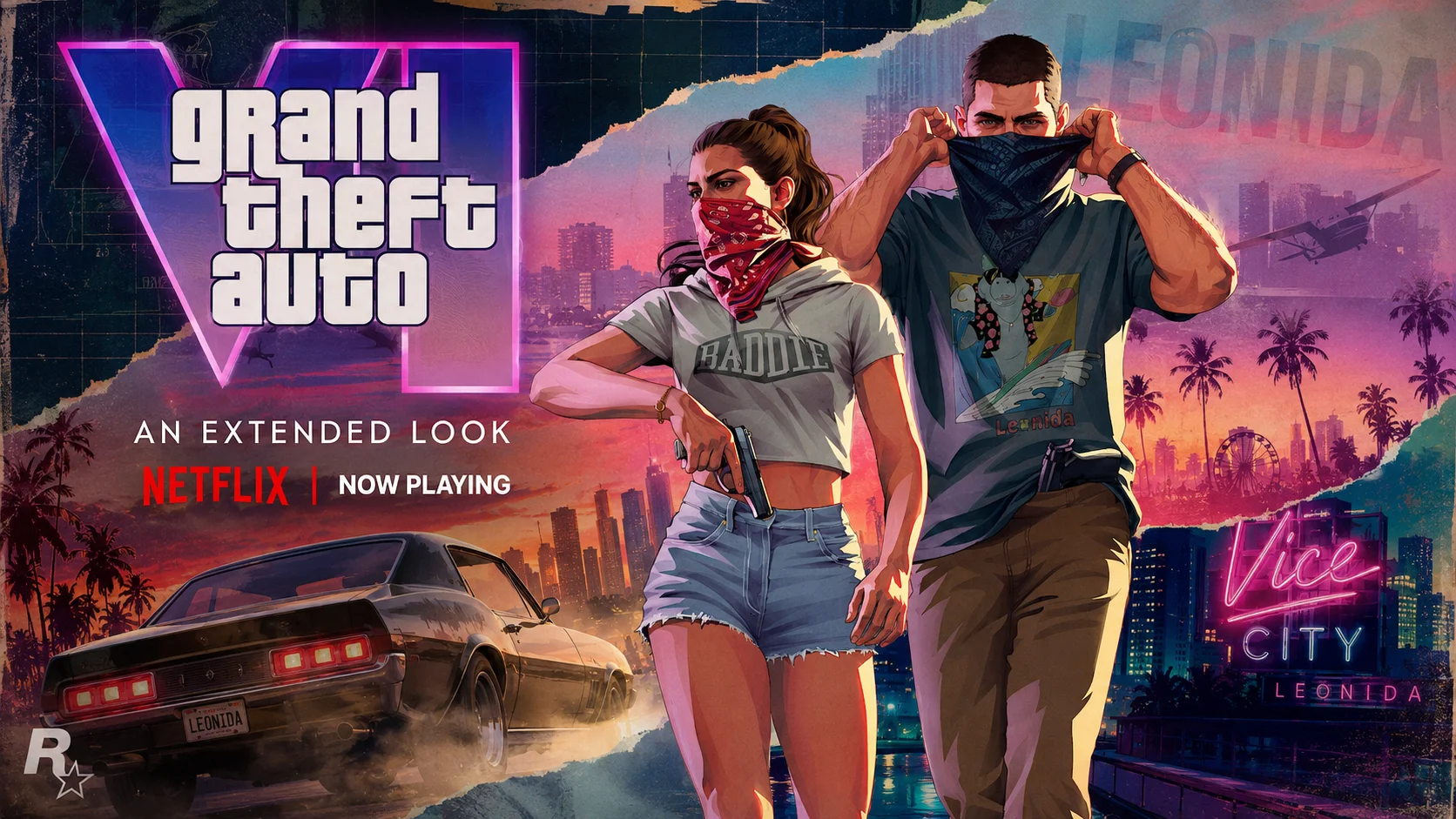 GTA 6 artwork featuring masked protagonists, a car, and a scene inspired by Vice City, next to the Netflix logo.