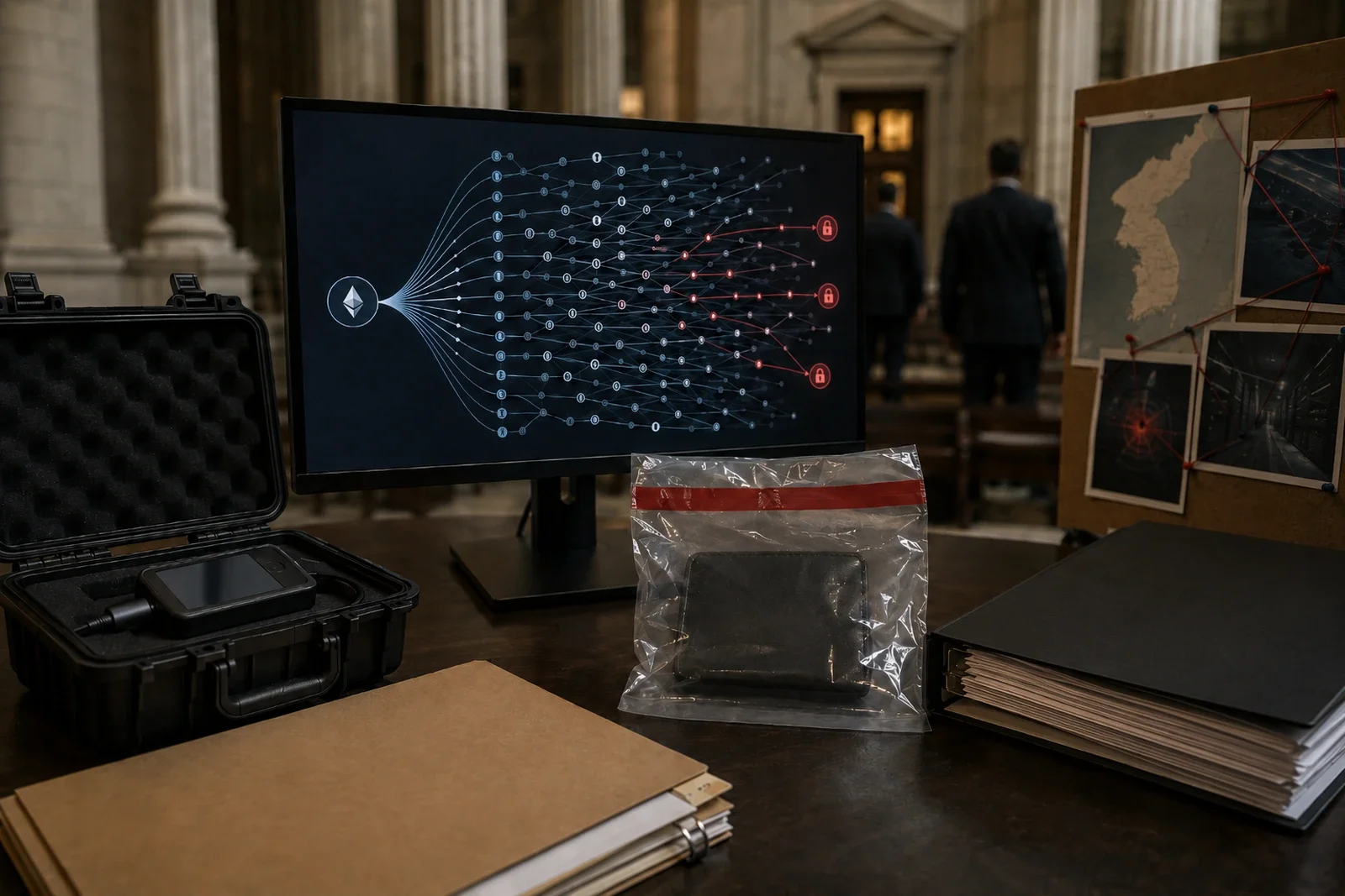 Mesa de investigación con una cartera de criptomonedas, rastreo de transacciones en blockchain y documentos judiciales en un tribunal de Estados Unidos.