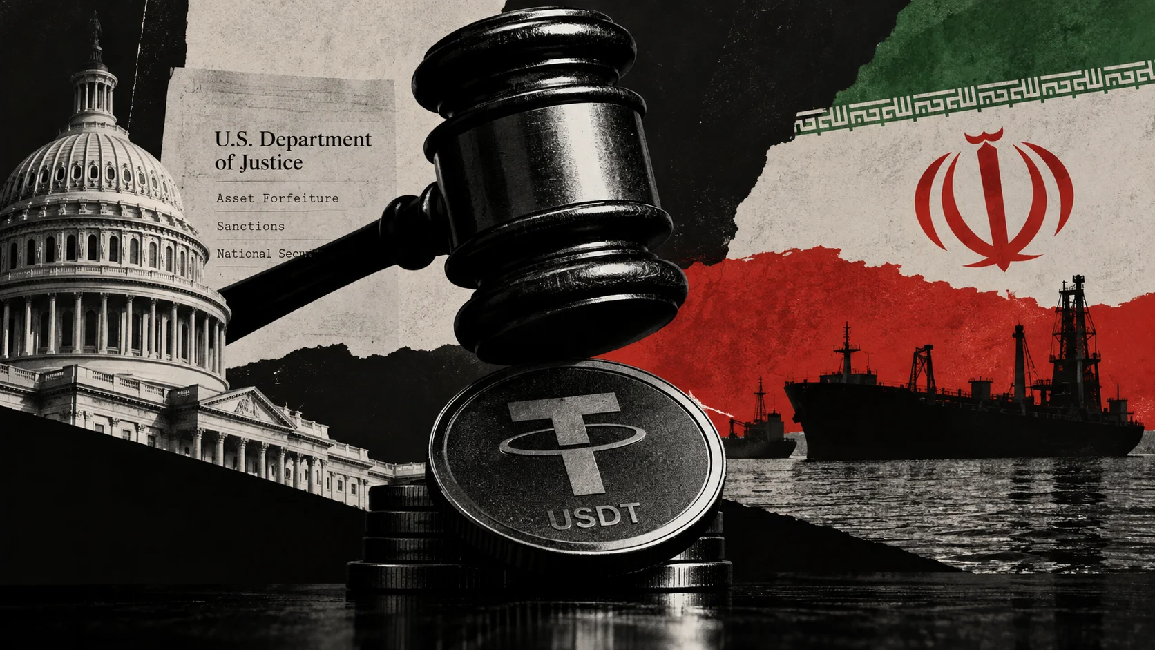 Editorial collage showing USDT, the U.S. justice system and Iranian oil infrastructure.