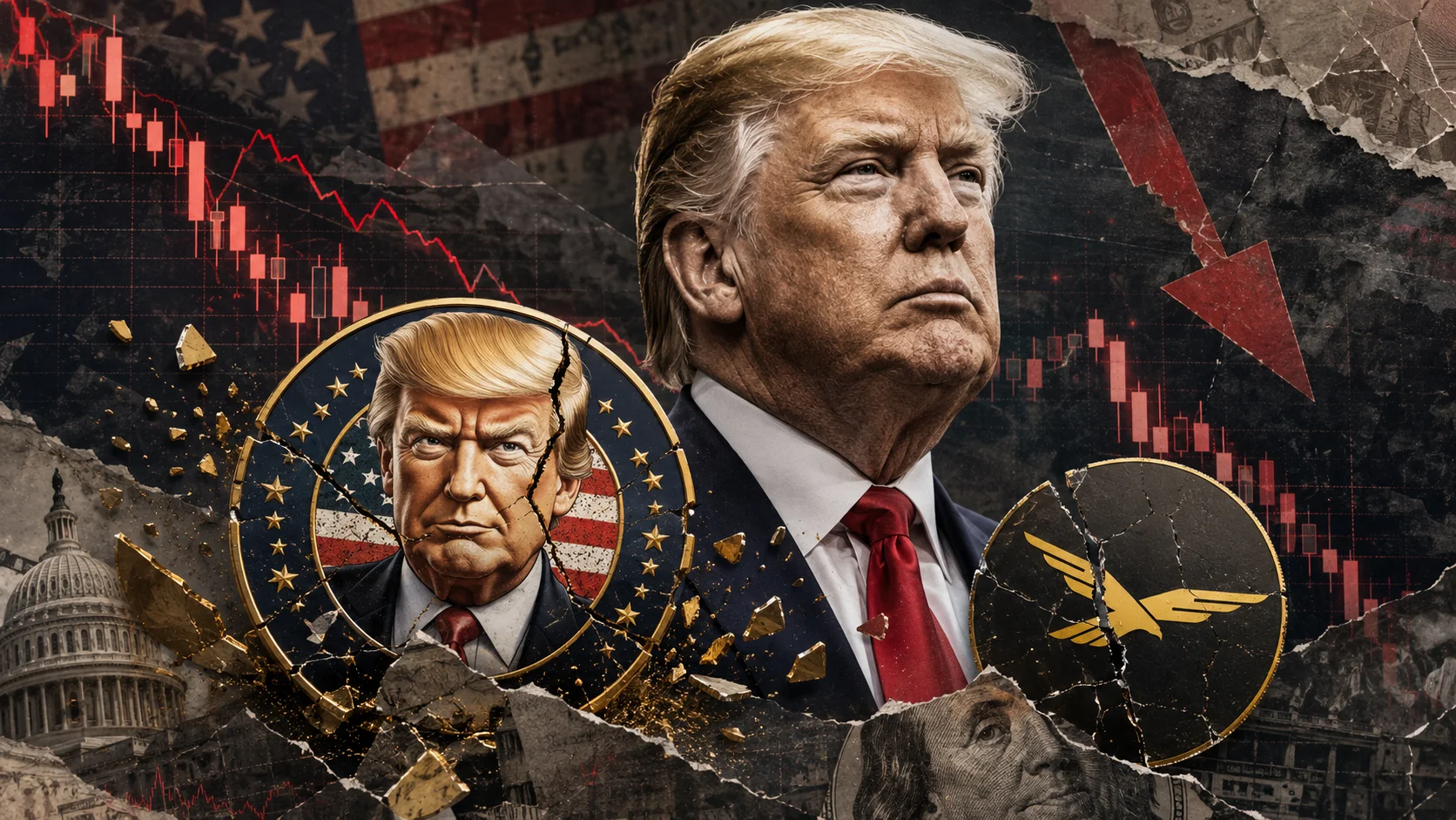 Editorial collage-style illustration shows Donald Trump in focus, surrounded by symbolic coins linked to his crypto ventures, red falling charts, a downward-pointing arrow, the United States flag and the Capitol in the background, suggesting financial losses and political tension.