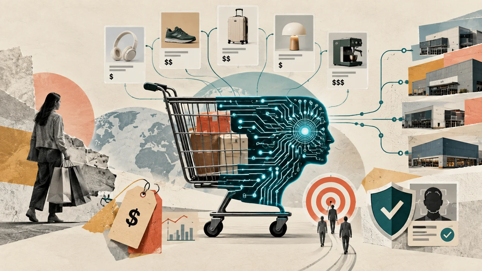 Collage editorial de un carrito de compras fusionado con un rostro de IA, rodeado de productos, etiquetas de precios y símbolos de verificación.