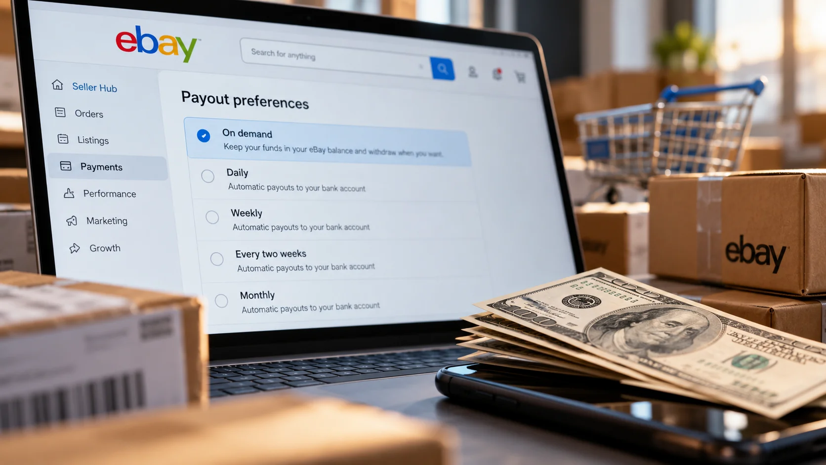 Notebook com configurações de recebimento do eBay, notas de dólar e caixas de encomendas.
