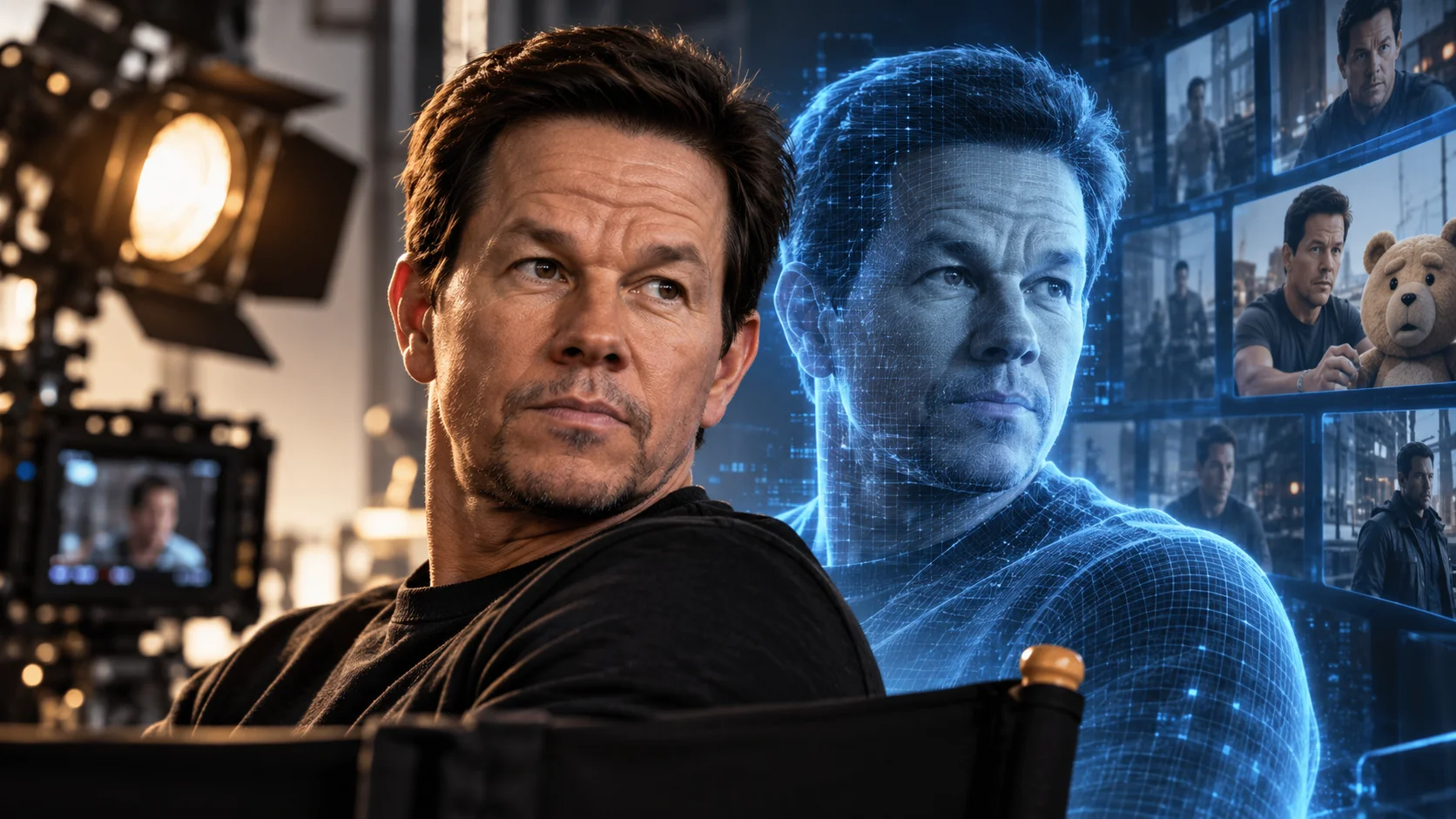 Mark Wahlberg em um estúdio de cinema, ao lado de uma representação digital de si mesmo criada por IA.
