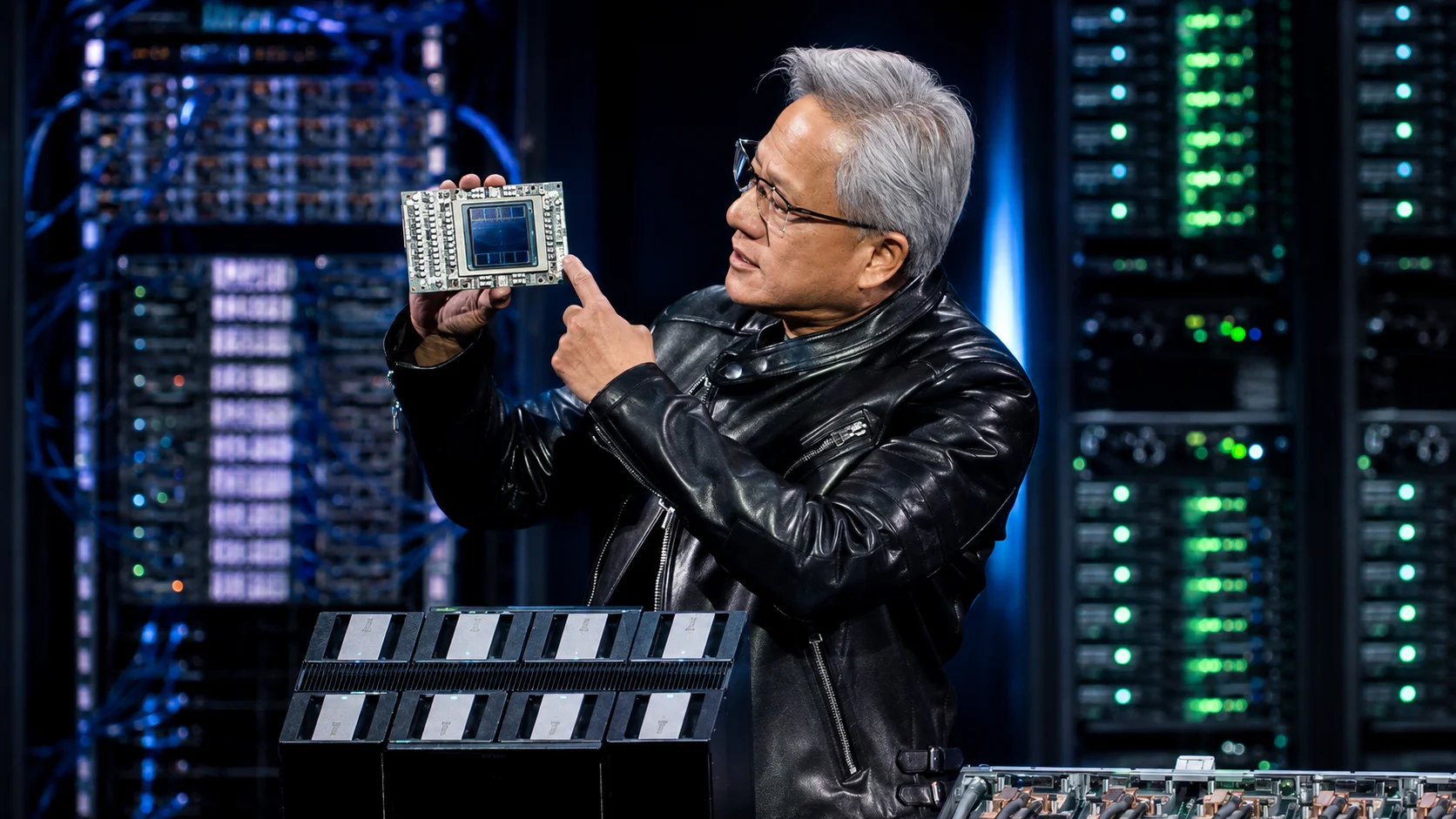 Man wearing glasses and a black jacket holds and points to a board with a processor, surrounded by server racks and computing modules in a data center environment.