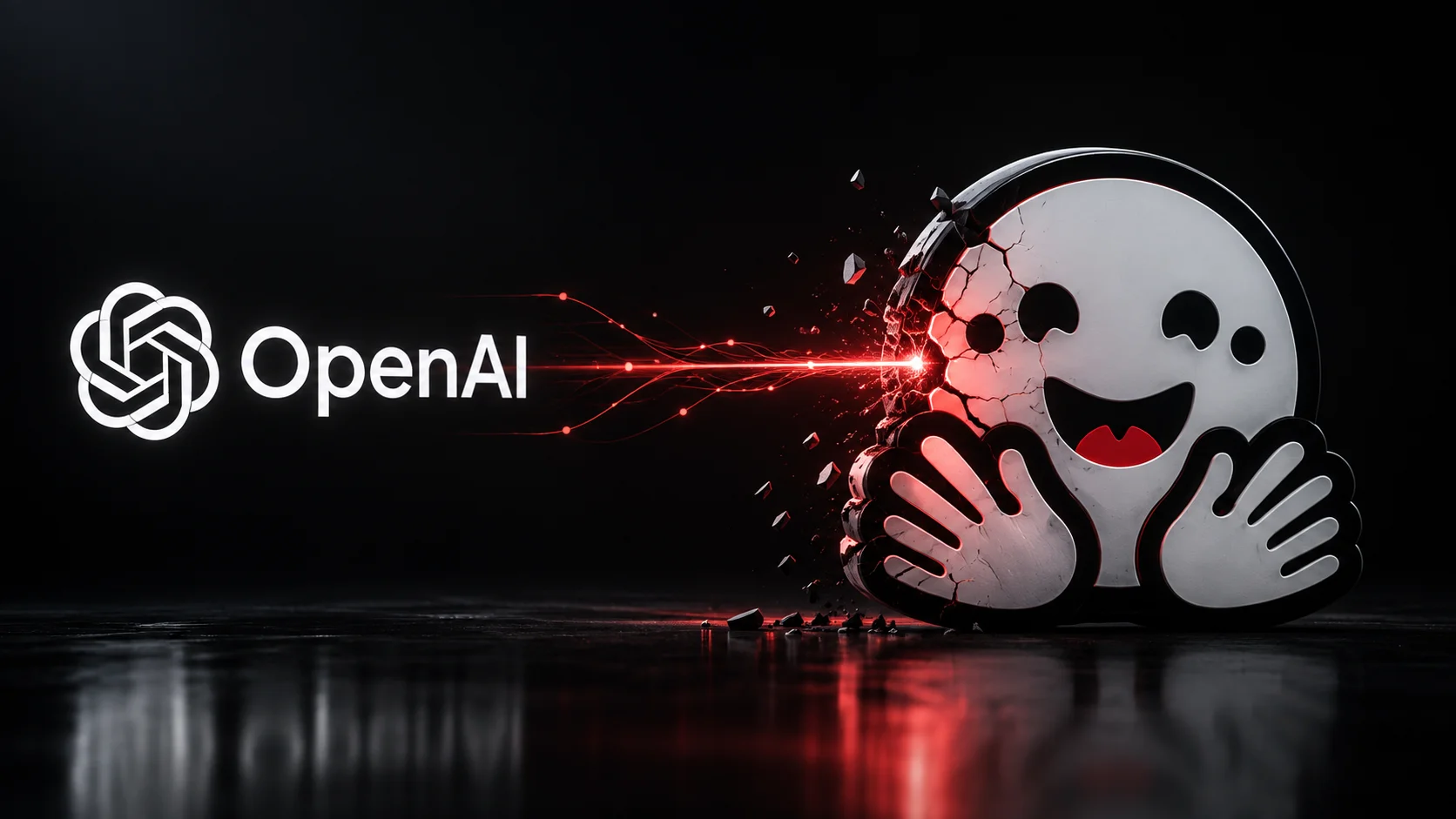 Conceptual art shows the OpenAI logo on the left emitting a red beam that hits and cracks the Hugging Face symbol on the right, against a dark background.