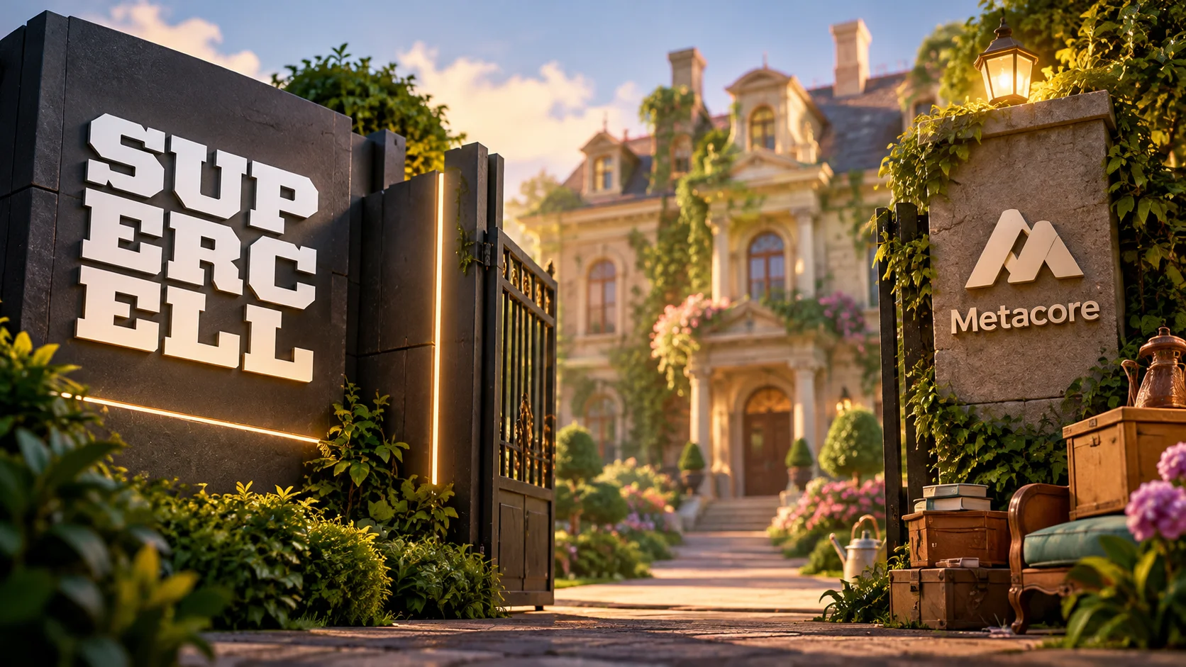 Entrance to a mansion with the Supercell and Metacore logos, symbolizing the acquisition.