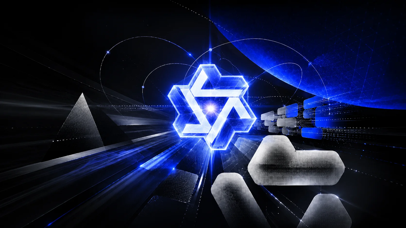 Luminous Qwen symbol at the center of a futuristic blue-and-black composition, surrounded by data streams, geometric shapes, and digital connections representing the Qwen3.8-Flash.