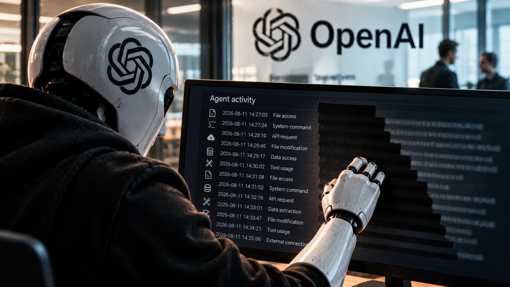 Robot con el símbolo de OpenAI ocultando registros de actividad en una pantalla de monitoreo.