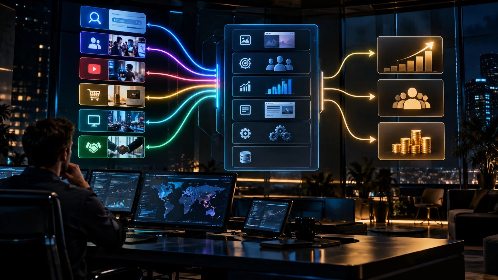 Search, social, video, retail and partner media feeding an acquisition system connected to customers and revenue.