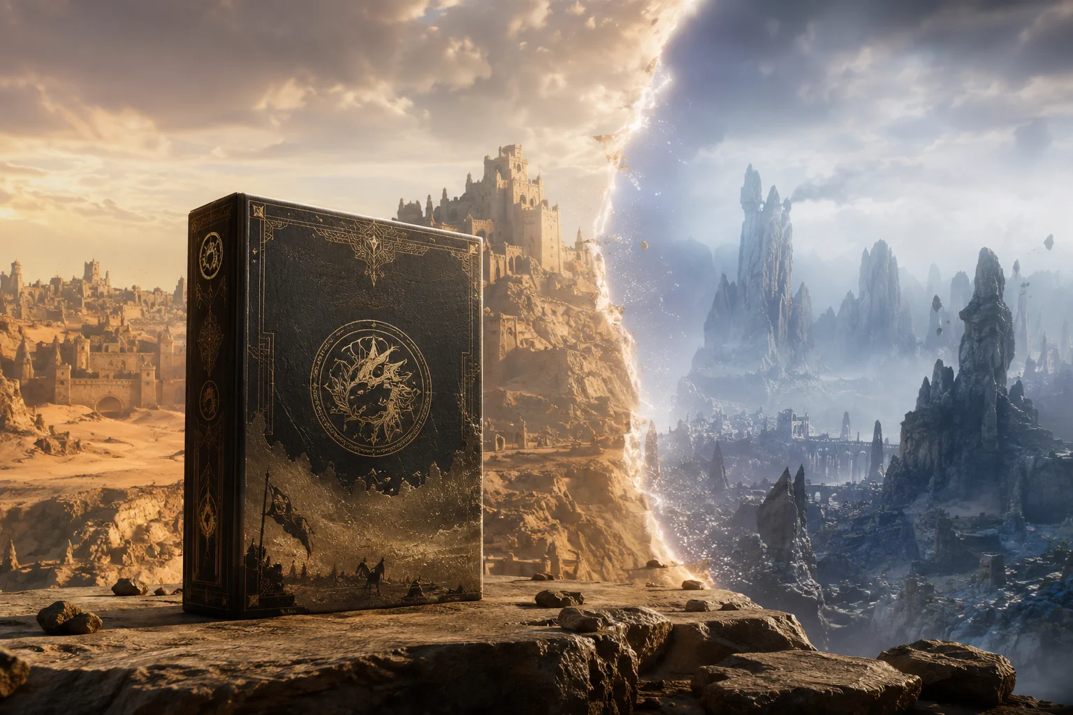 Concept box of a fantasy game in the foreground, facing a landscape divided between a known desert region and a new mountainous area revealed through a portal.