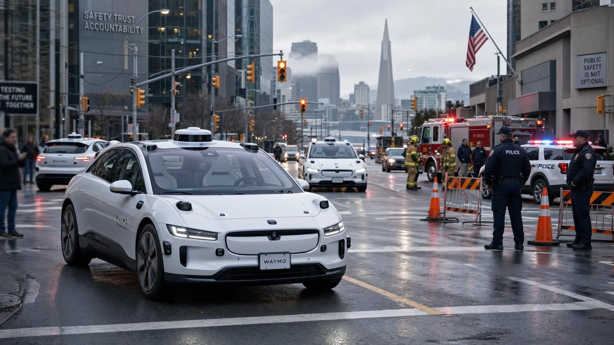 A Waymo robotaxi at an urban intersection with other autonomous vehicles, police officers, firefighters, and emergency vehicles around.