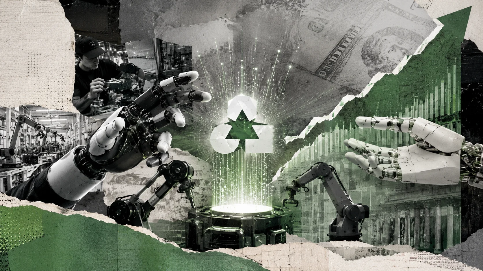 Conceptual collage with robotic arms, automated factory and financial elements representing Generalist and its valuation at US$ 3 billion.
