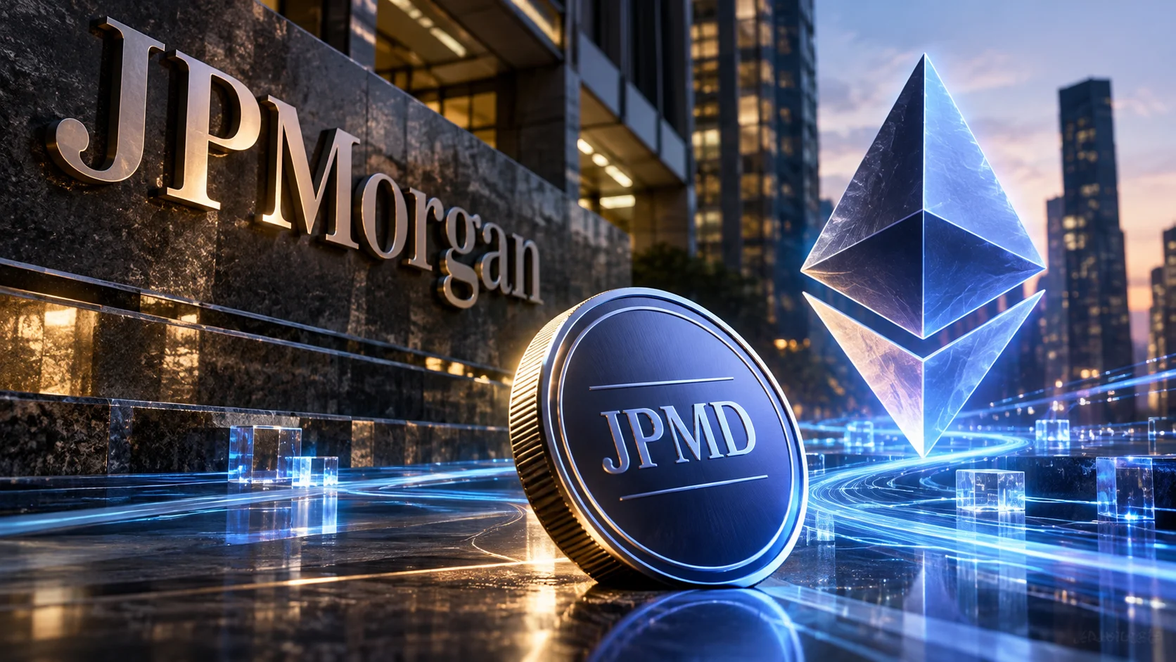 Letrero de JPMorgan junto a un token JPMD y el símbolo de Ethereum, que ilustra la expansión de la cadena de bloques del banco.