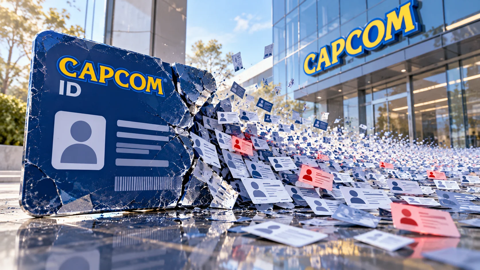 Tarjeta CAPCOM ID dañada, con registros de usuarios esparcidos frente a un edificio de Capcom.