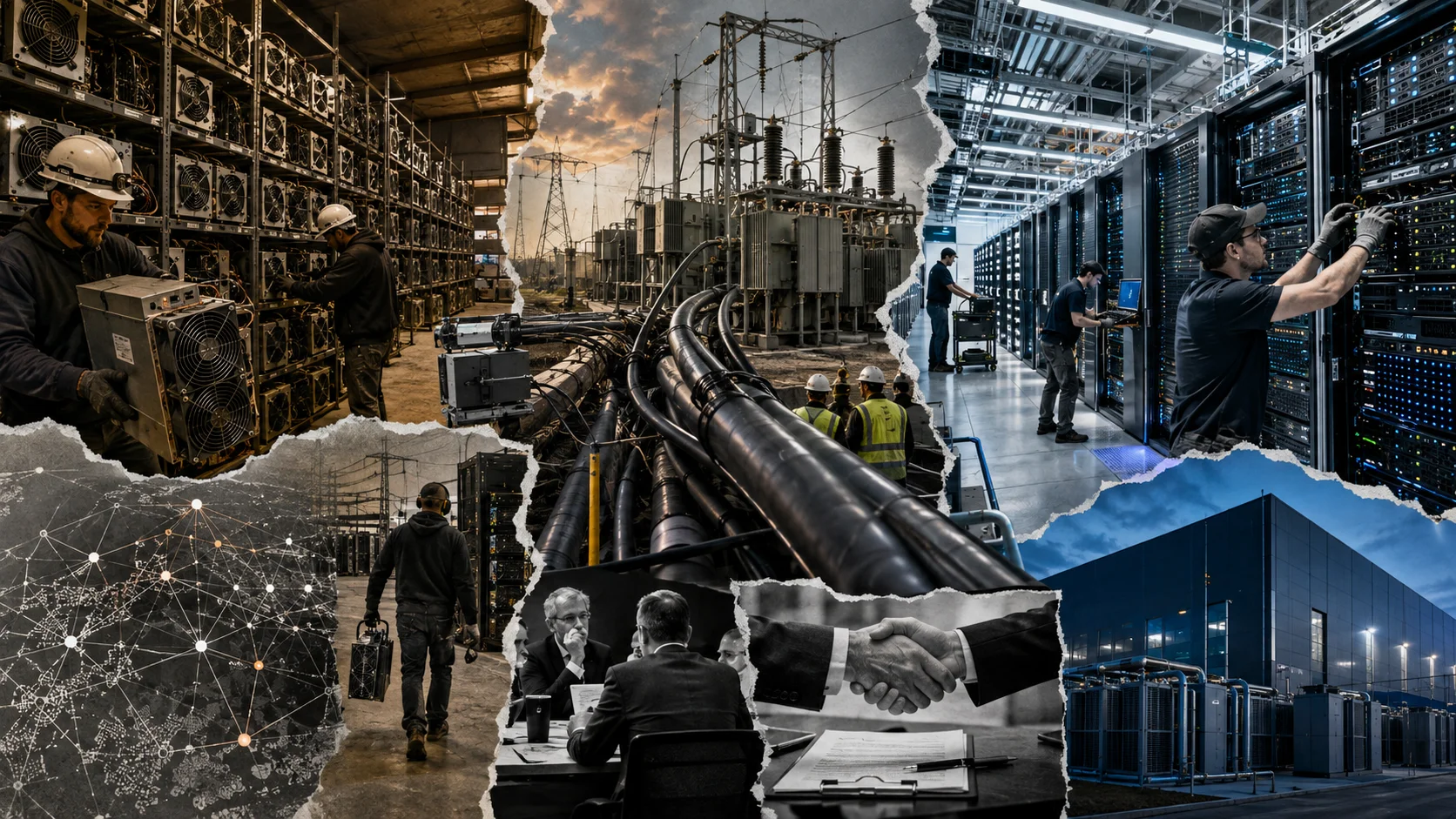 Editorial collage showing technicians removing ASIC machines from a Bitcoin mining facility, power infrastructure and transformers in the center, and technicians installing servers in a modern artificial intelligence data center on the right.