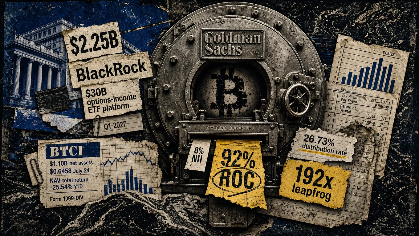 Editorial collage with a metal safe identified as Goldman Sachs and a Bitcoin symbol in the center, surrounded by references to BlackRock, financial charts, documents, and investment indicators.