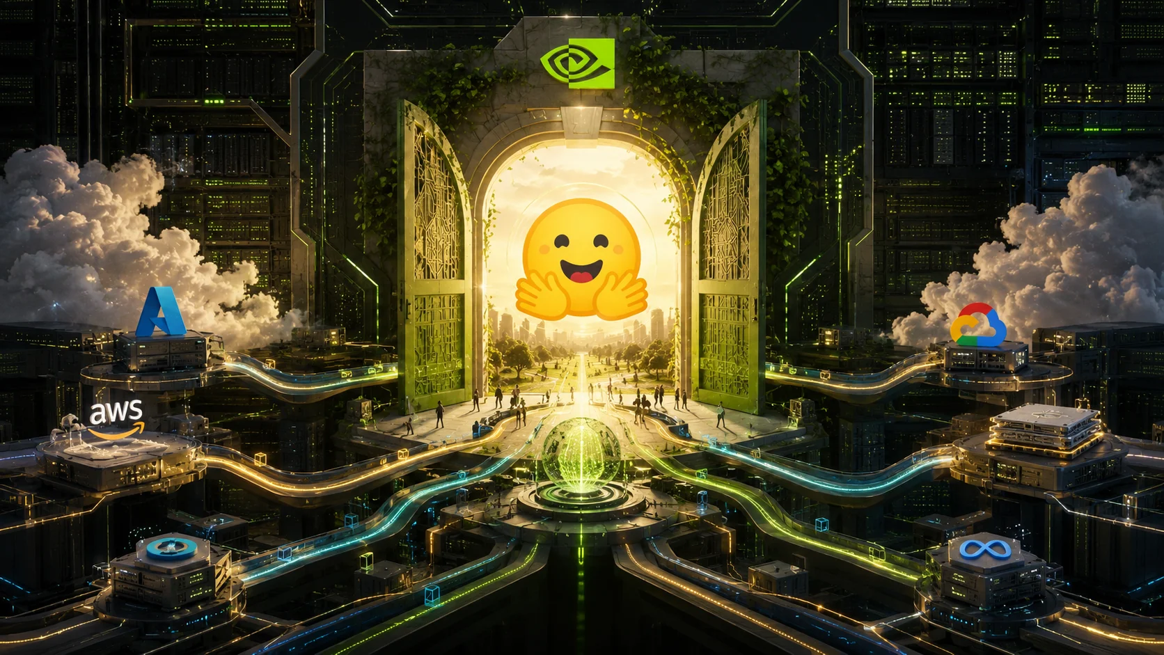 Ilustração conceitual mostra a Hugging Face aberta a diferentes plataformas sob controle da Nvidia.