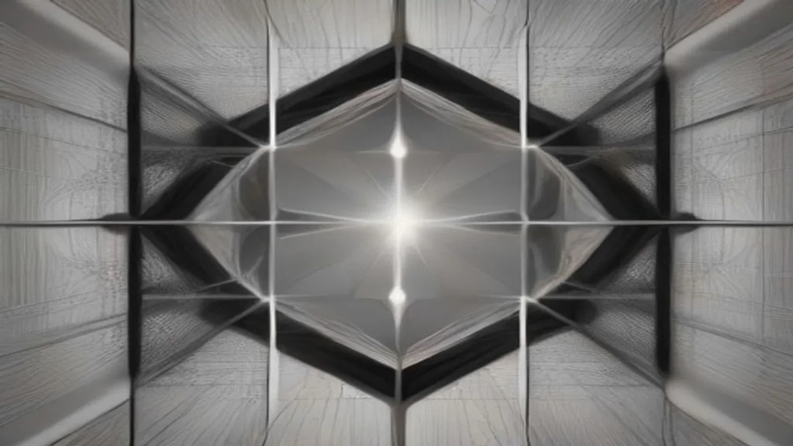 Black and white abstract illustration with a dark hexagon, a central diamond and crossed straight lines converging into a light focus