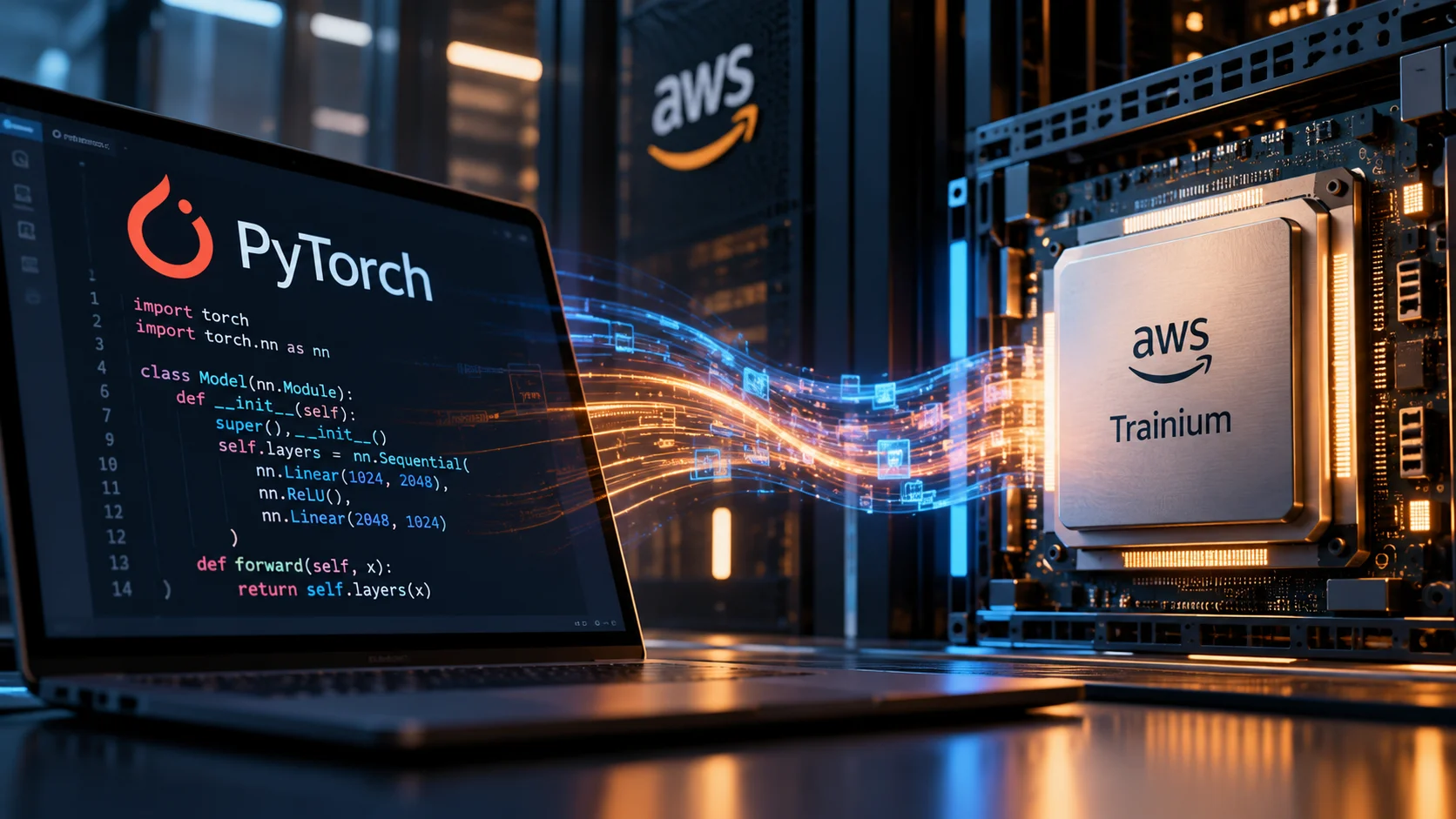 Illustration of PyTorch code connected to an AWS Trainium processor, representing the integration between AI software and hardware.